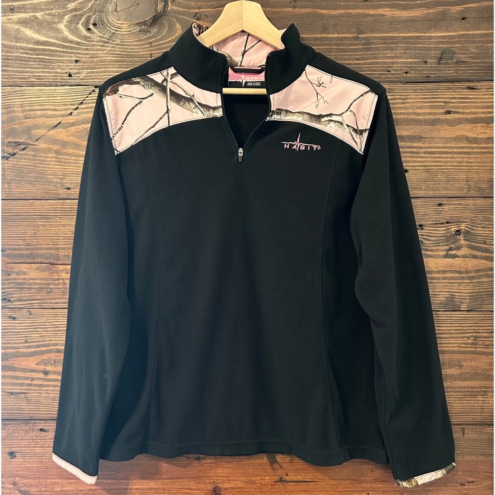 Habit Realtree Camo Fleece Pullover Womens M Black Pink 1/4 Zip Gorpcore Hunting